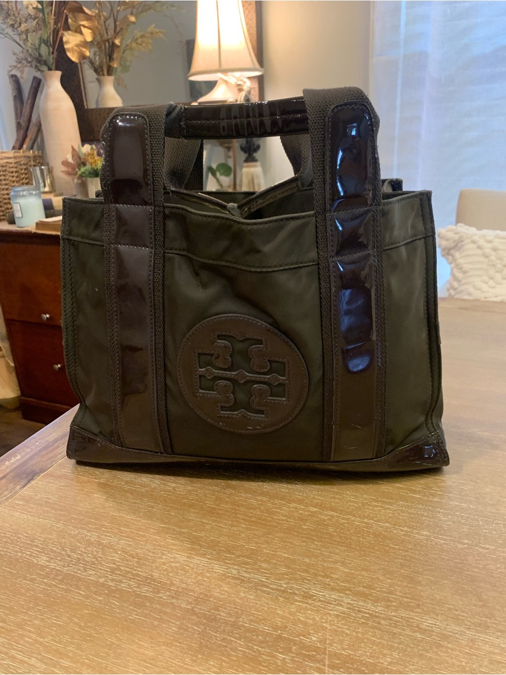 Tory Burch Olive and Dark Brown Nylon Tote with Patent Trim